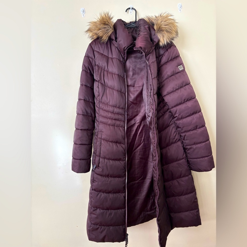 Kenneth Cole Puffer Parka Coat Jacket Long Purple Faux Fur Hood Pockets Zip Warm